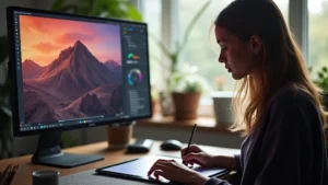 Professional digital artist working on iPad with stylus in modern studio, 4K monitor displaying Procreate interface, natural lighting, creative workspace setup