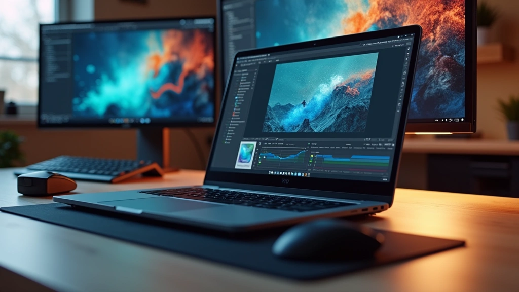 High-performance laptop with external graphics tablet, dual monitors showing design software, professional creative workstation, minimalist desk environment