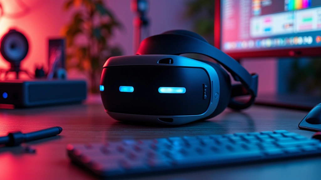 VR headset on desk surrounded by creative tools including stylus, keyboard, and color calibration device, modern tech studio aesthetic, professional lighting