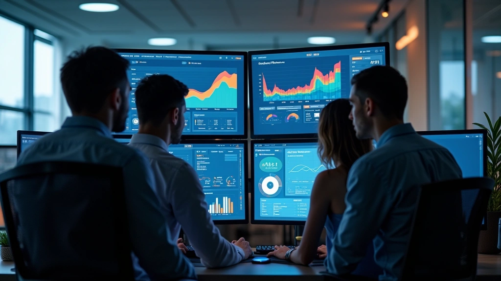 Business team collaborating around computer screens displaying analytics dashboards and business metrics, modern office setting with multiple monitors showing data visualization