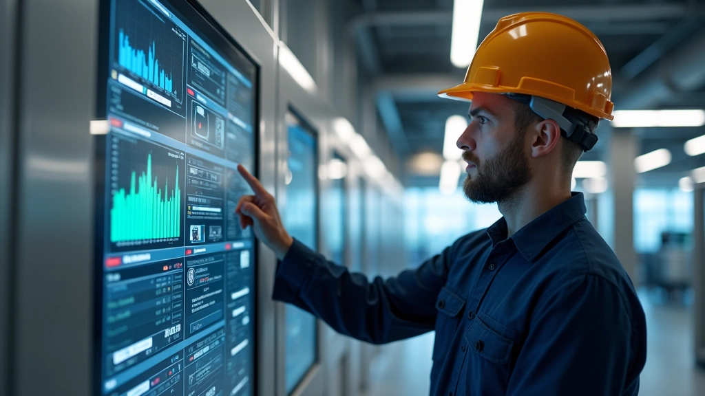 Professional HVAC technician installing sophisticated building automation system controller in modern commercial building, with display screens showing real-time system data and energy metrics