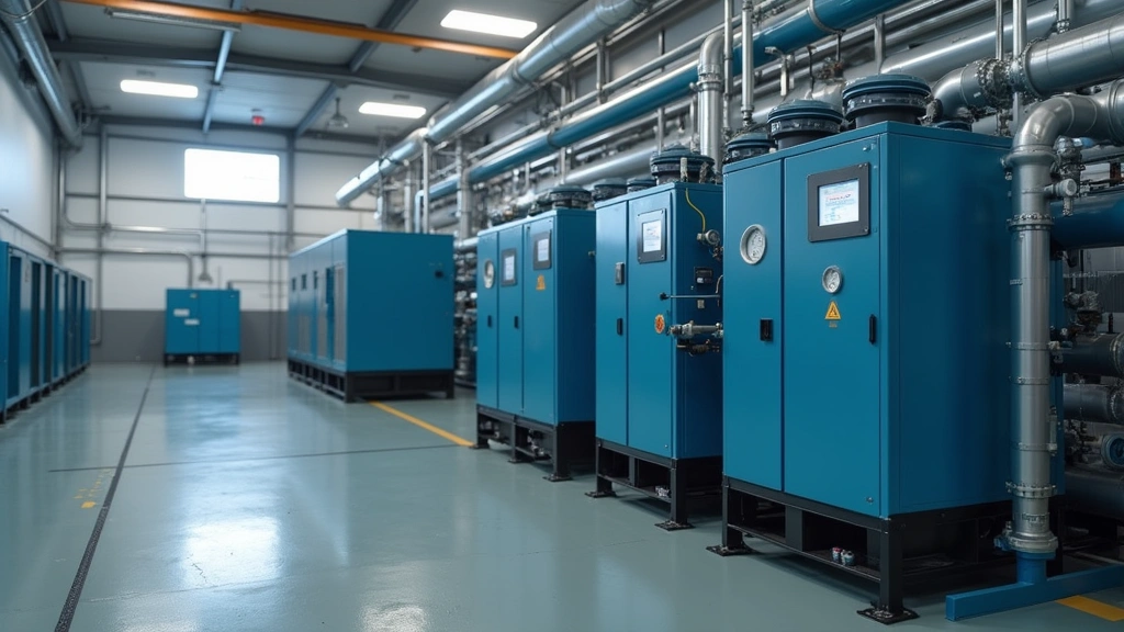 Advanced chiller equipment and VRF system components displayed in industrial setting with technical gauges and piping infrastructure, showcasing modern refrigeration technology