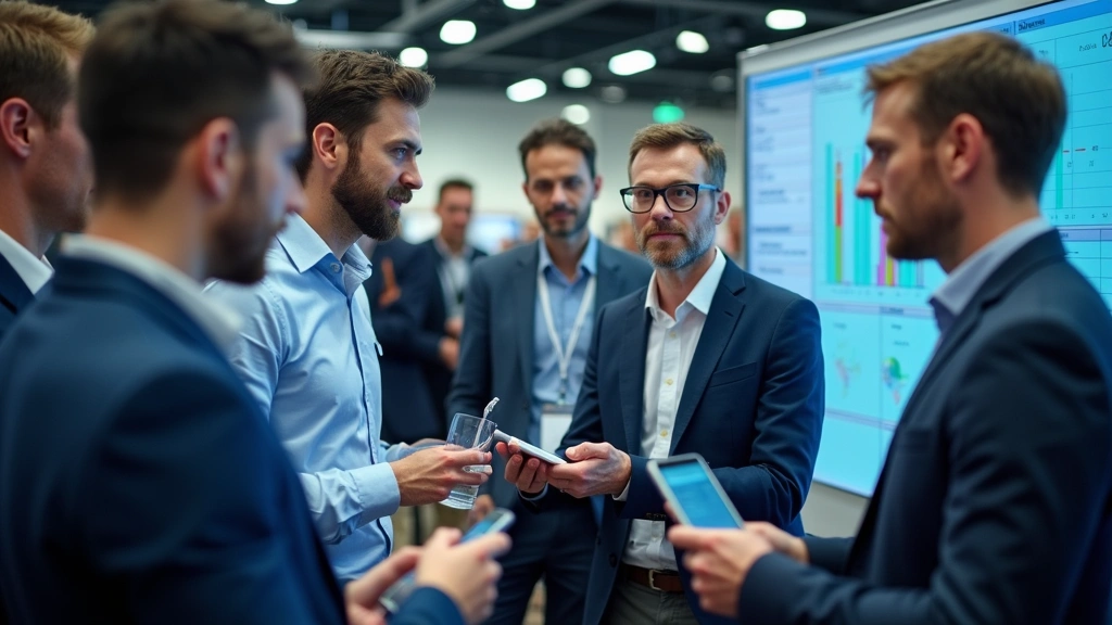 Diverse group of engineers and facility managers examining IoT sensors and building management software interface during technical demonstration at industry conference
