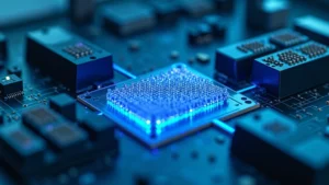 Close-up of advanced semiconductor manufacturing equipment with blue LED indicators and metallic components, industrial cleanroom setting, photorealistic