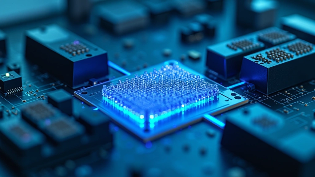 Close-up of advanced semiconductor manufacturing equipment with blue LED indicators and metallic components, industrial cleanroom setting, photorealistic