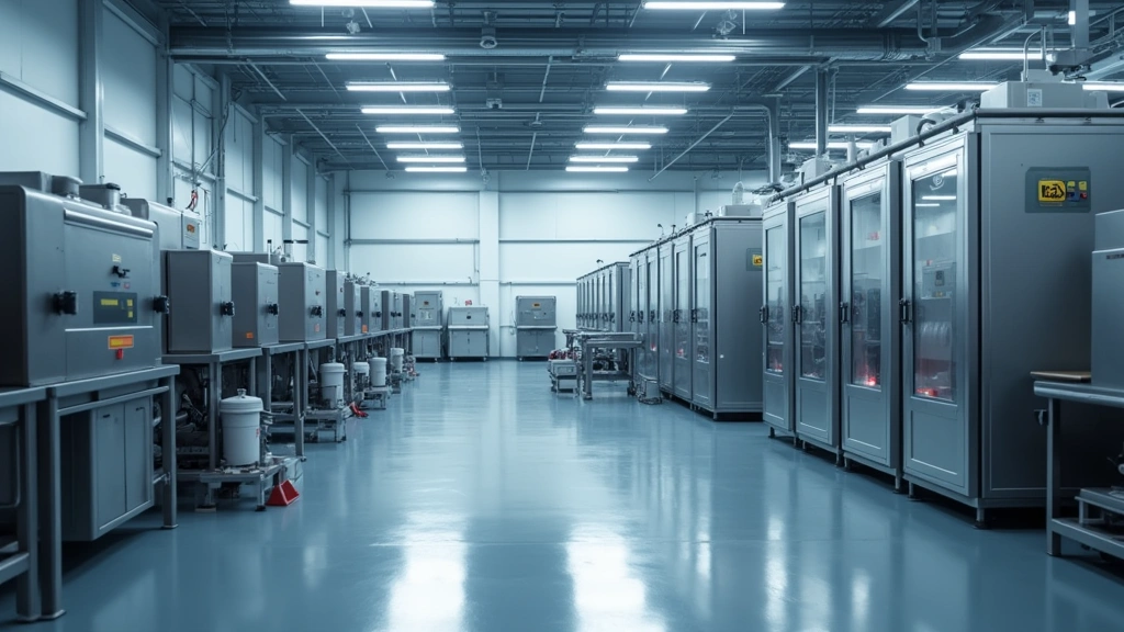 Semiconductor wafer manufacturing facility interior showing large processing equipment and stainless steel machinery, bright fluorescent lighting, professional environment