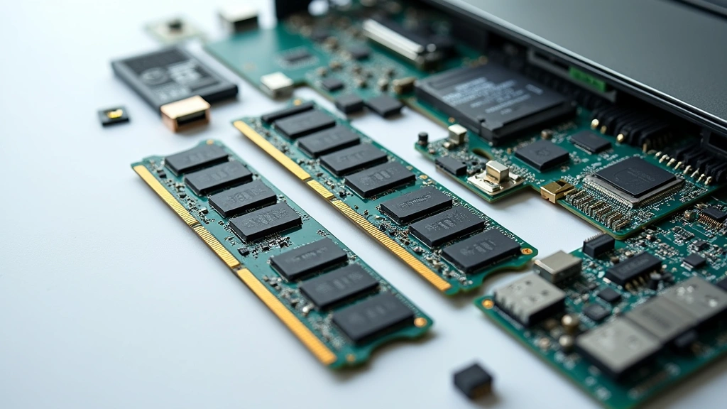 Modern laptop and desktop computer components arranged on neutral background showing circuit boards, RAM modules, and solid state drives in detail