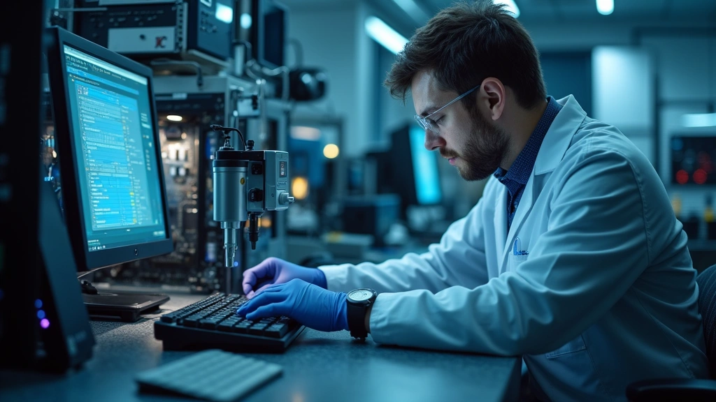 Technician performing quality control testing on computer hardware with precision instruments and measurement tools in professional laboratory setting