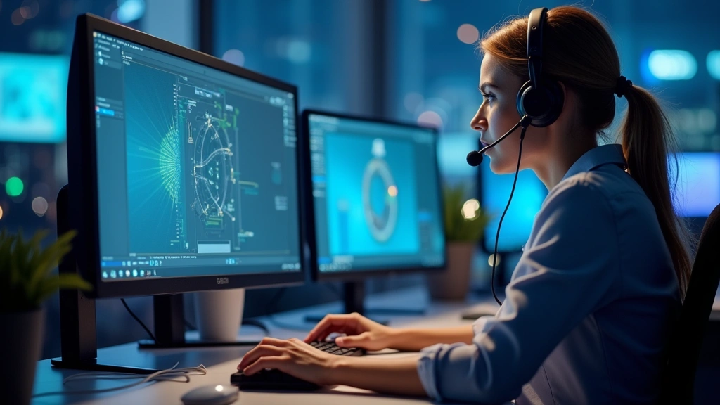 Customer service representative at computer workstation providing technical support with headset and multiple monitors displaying diagnostic software