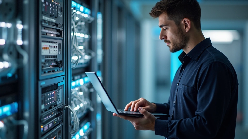 Technician in professional attire using laptop and remote diagnostic tools to troubleshoot access control system with network cables and security hardware visible