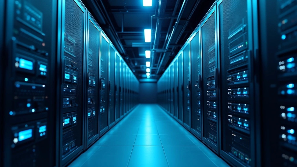 Enterprise data center with multiple server racks, blue LED indicators, network cables, and security infrastructure representing cloud and on-premises connectivity, professional lighting, technological atmosphere
