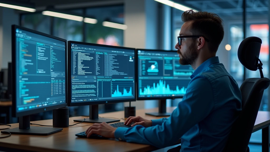 Professional IT administrator at desk reviewing security metrics on multiple displays, modern office environment, contemporary tech workspace showing monitoring and management operations in action