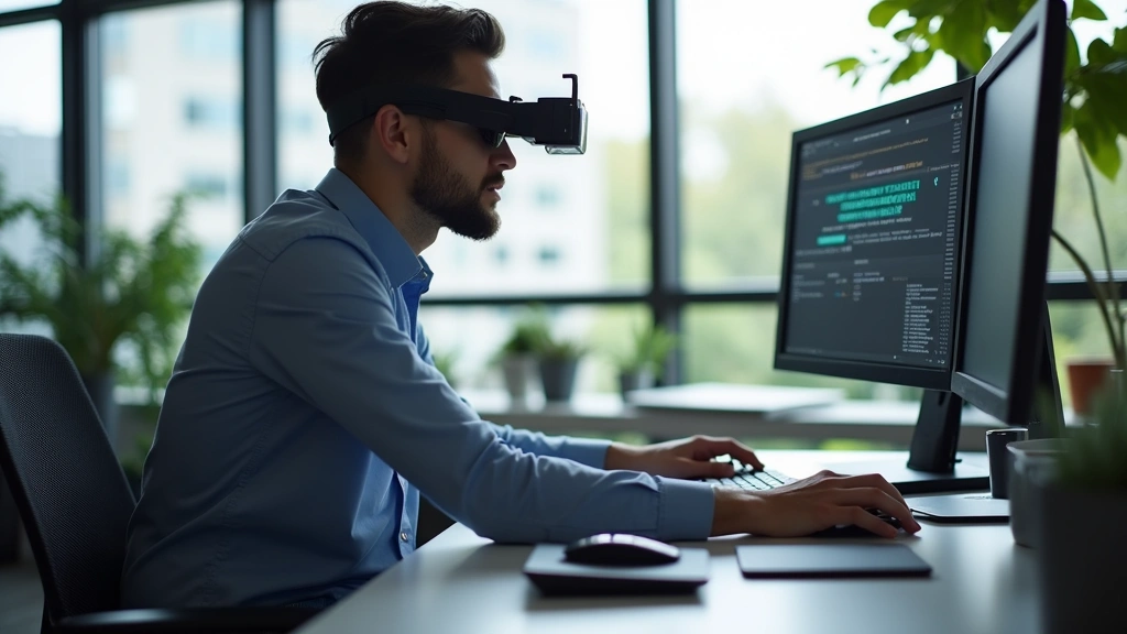 Professional blind user working at desktop computer with monitor, keyboard, and external braille display device showing tactile pins, modern office environment with natural lighting