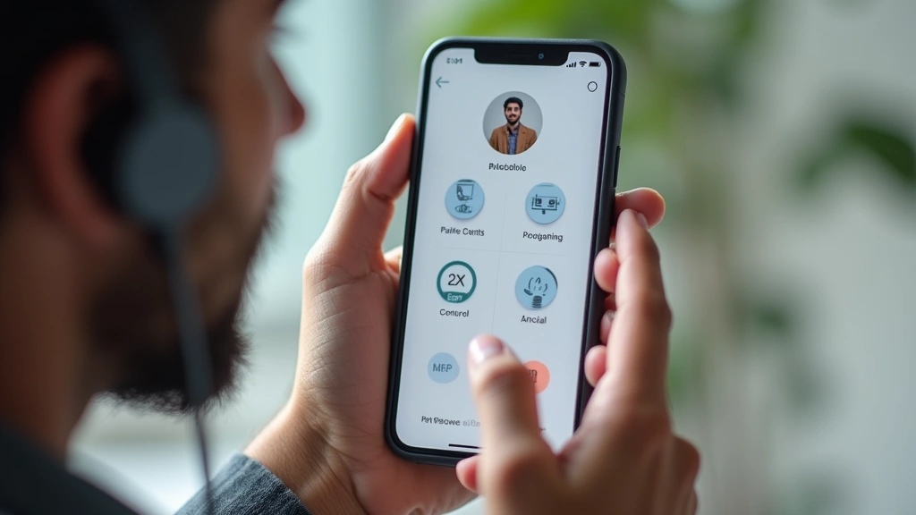 Smartphone screen showing accessible interface with large text and voice control icons, hand holding phone with headphones, modern accessibility app design
