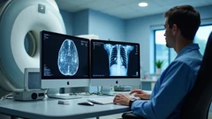 Modern diagnostic imaging workstation with dual medical-grade monitors displaying CT and MRI images, professional radiologist workspace setup with ergonomic seating, realistic hospital environment