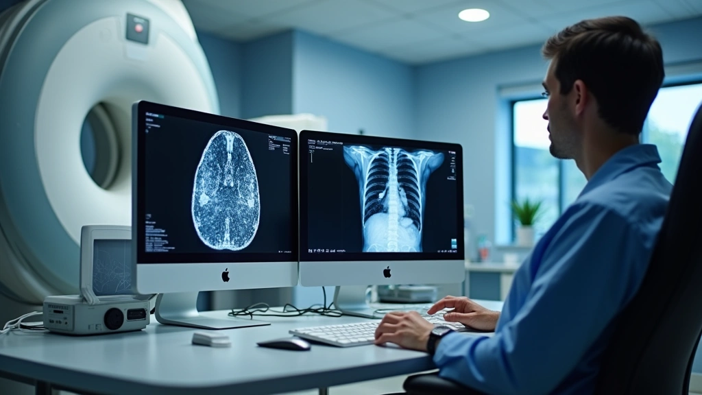 Modern diagnostic imaging workstation with dual medical-grade monitors displaying CT and MRI images, professional radiologist workspace setup with ergonomic seating, realistic hospital environment