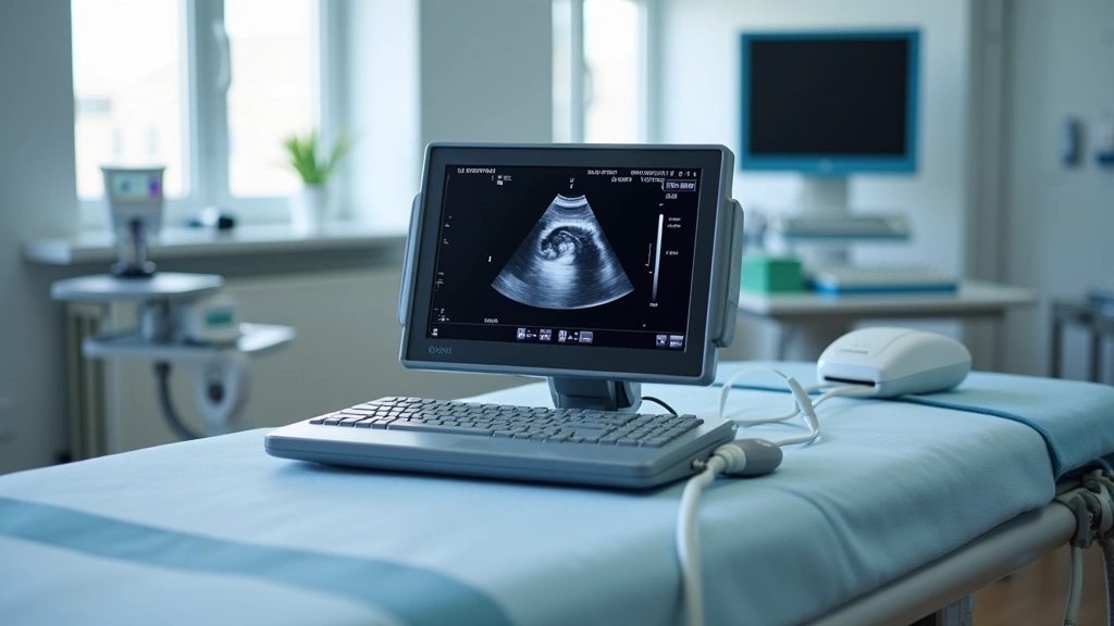 Portable ultrasound machine placed on clinical examination table with wireless probe and tablet display showing real-time ultrasound image, modern healthcare facility background