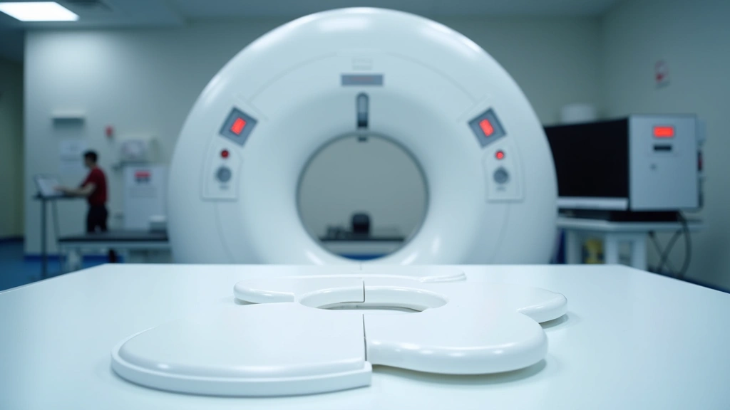 Quality assurance test phantom for CT imaging on white surface with precision measurement tools and digital dosimeter device, professional medical physics laboratory setting