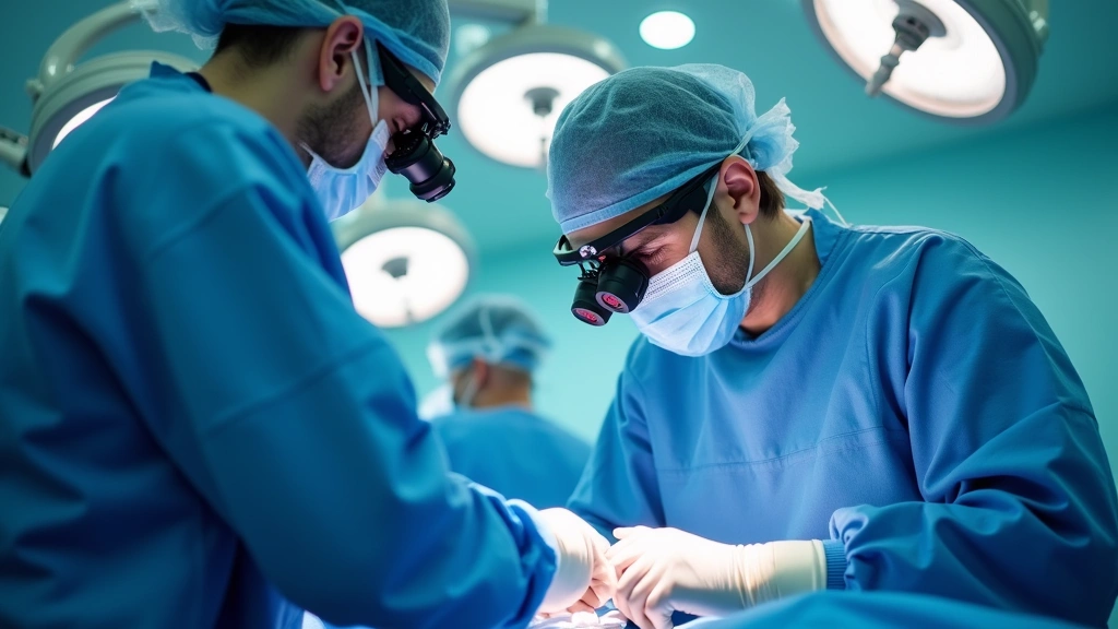 Surgeon wearing surgical loupes and mask performing minimally invasive procedure with robotic surgical system arms visible in sterile operating room with blue surgical drapes and overhead surgical lights, photorealistic medical setting