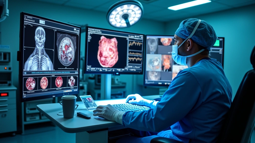Advanced operating room with multiple displays showing 3D anatomical imaging, vital sign monitors, and surgical guidance systems, surgeon at console with hand controls, modern hospital OR with sophisticated medical equipment and blue lighting