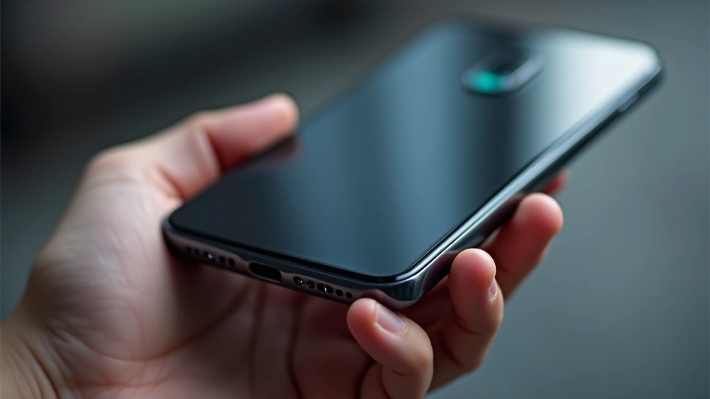 Sleek modern smartphone with aluminum frame and glass back panel, held in hand showing curved edges and textured surface, professional product photography with soft lighting