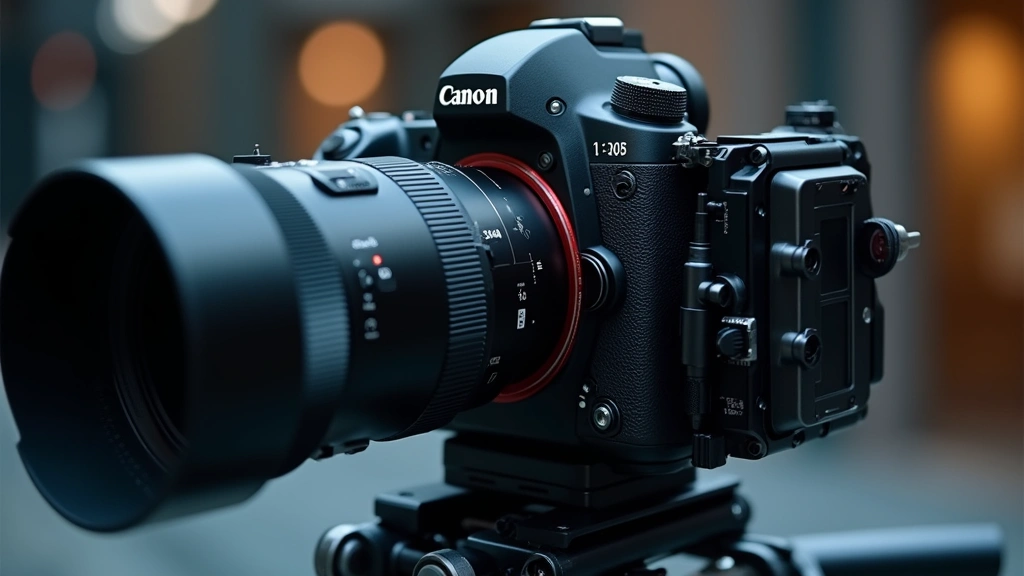 Professional camera system with triple lens array visible, macro photography setup showing optical elements and stabilization mechanisms, technical detail shot of imaging technology