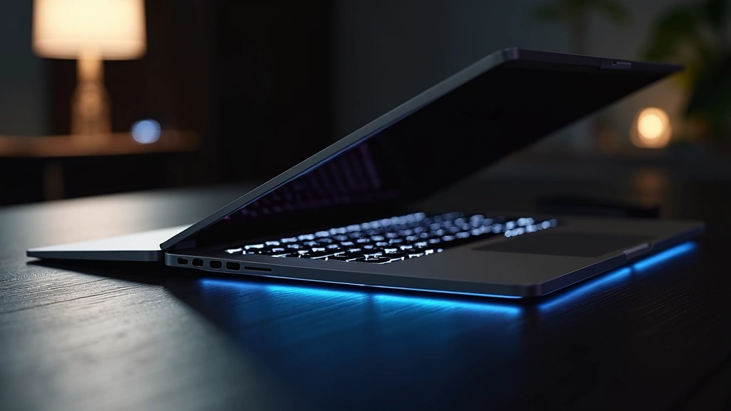 Premium aluminum laptop with backlit keyboard, angled view on dark wooden desk with professional lighting, showcasing sleek modern design and quality construction