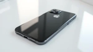 Professional photography of sleek iPhone 16 in deep black, displayed on minimalist white surface with soft natural lighting highlighting metallic edges and ceramic shield back