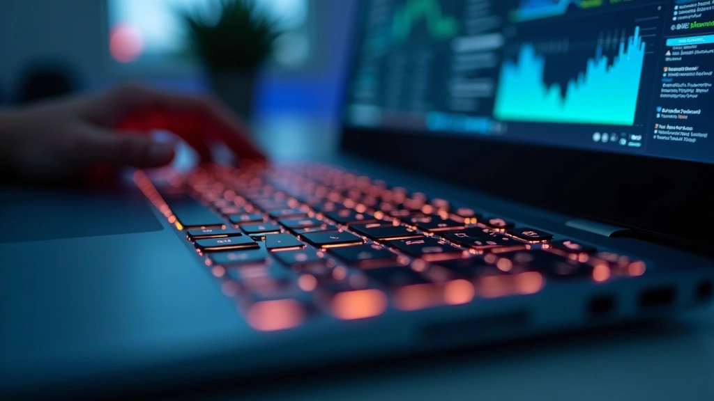 Close-up of computer keyboard with glowing keys and tech interface elements, professional office environment, modern laptop visible, shallow depth of field