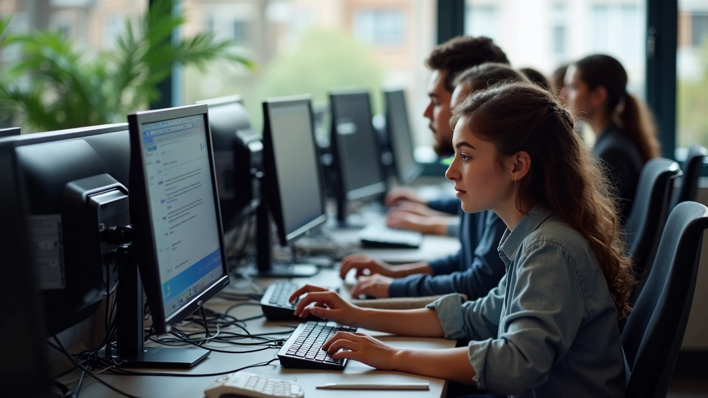 Diverse group of students working together at computer lab with multiple monitors and networking equipment, collaborative learning environment, natural lighting