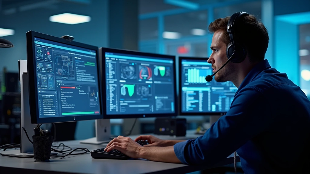 Technical support specialist at desk with multiple monitors displaying system diagnostics and network status dashboards, organized IT workspace with tech equipment
