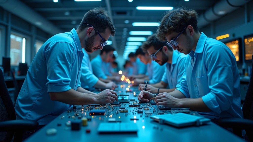 Modern engineering laboratory with students working on circuit boards and electronic equipment, blue and white LED lighting, high-tech workstations visible