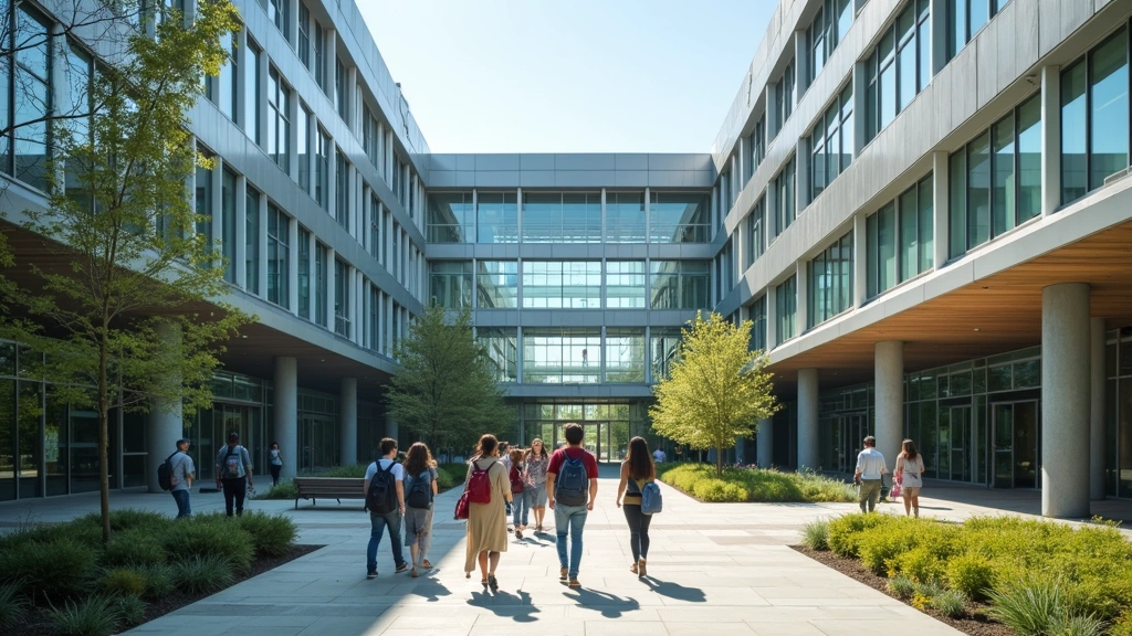 University campus building with glass windows and contemporary architecture, engineering facility exterior, students walking between classes with laptops and technical materials