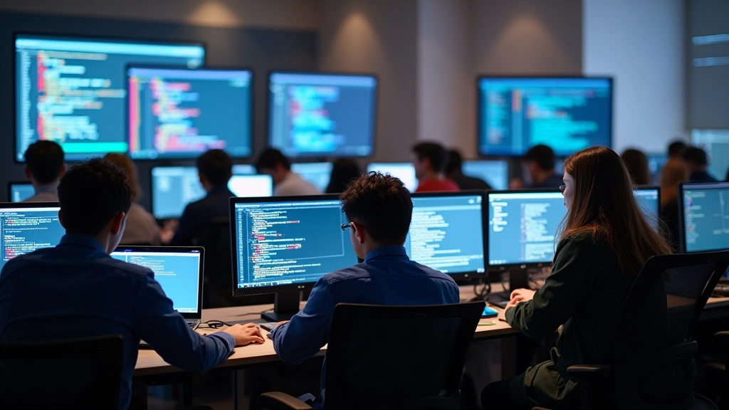 Computer science classroom with students at desks using laptops for coding, multiple monitors displaying code, collaborative learning environment with natural lighting