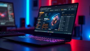 High-performance gaming laptop with RGB lighting and aluminum chassis, displaying performance metrics on screen, professional photography studio lighting, shallow depth of field