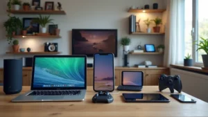 A modern home filled with various tech devices including smartphones, tablets, laptops, smart speakers, gaming controllers, and smartwatches arranged on shelves and tables, showing diverse technology ecosystem