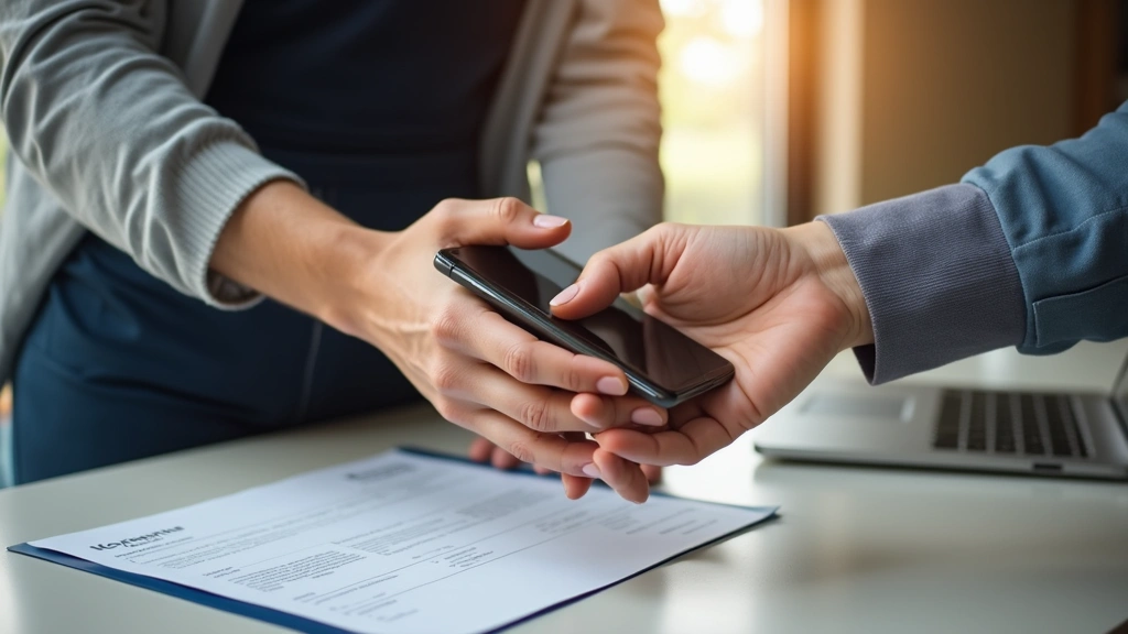 A relief scene showing a repaired or replaced device being handed to a satisfied customer, with protection plan documentation and coverage details visible on desk nearby