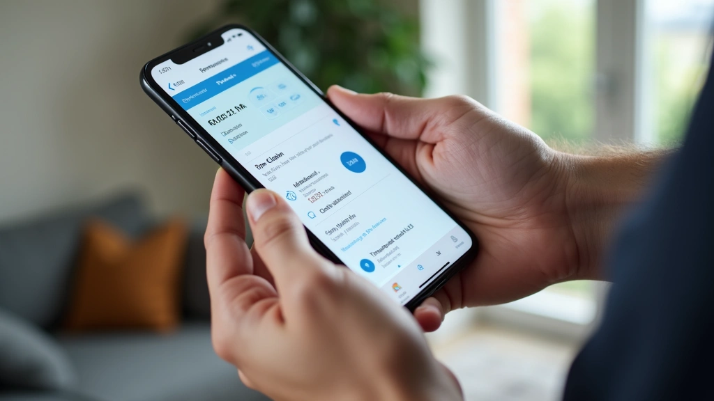 Close-up of smartphone screen displaying AT&T service dashboard with protection plan details and claim status, held by hands in modern home setting