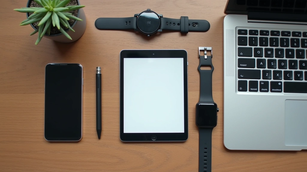 Flat lay composition of various consumer tech devices including smartphone, tablet, smartwatch, and laptop arranged on wooden desk surface