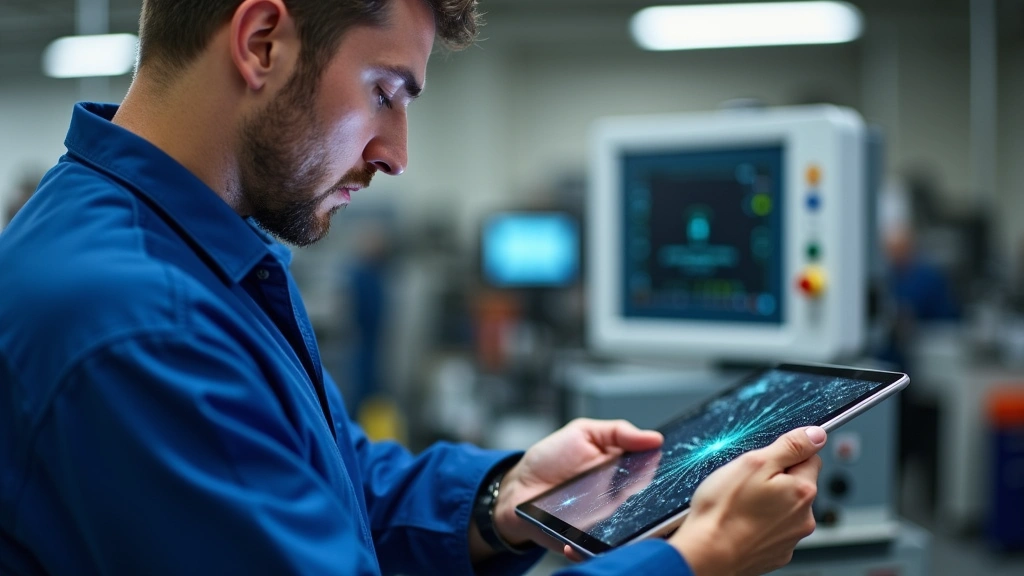 Technician in blue uniform examining damaged tablet screen in professional repair workshop with diagnostic equipment visible in background
