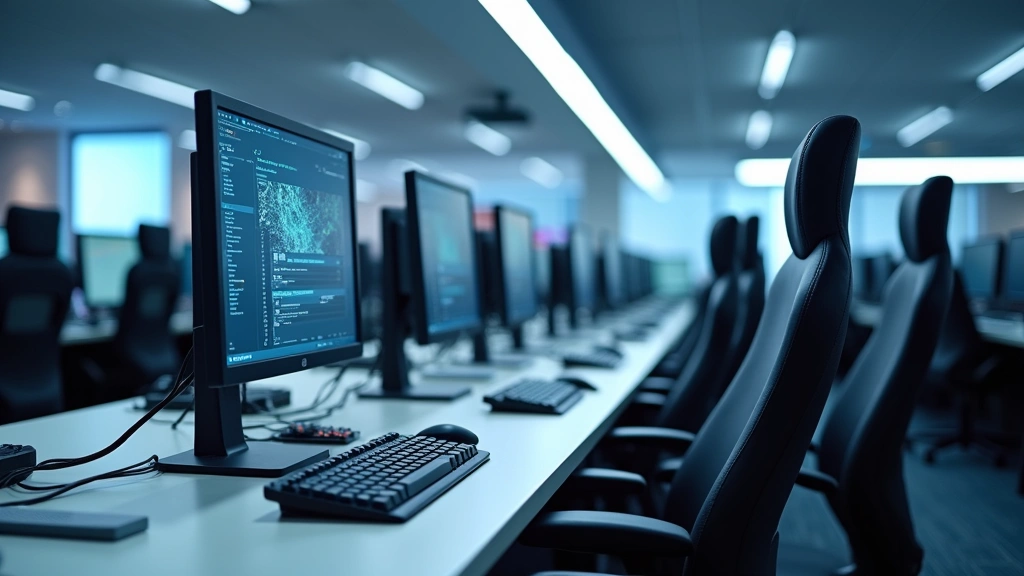 Modern computer lab with rows of professional workstations featuring multiple monitors, mechanical keyboards, and ergonomic chairs in a bright, clean environment with professional lighting