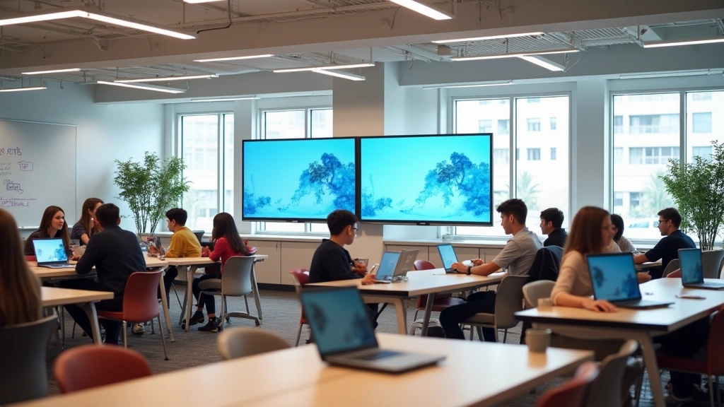 Contemporary collaborative learning space with modular furniture, large interactive displays, whiteboards, and students working together on laptops in an open-plan design