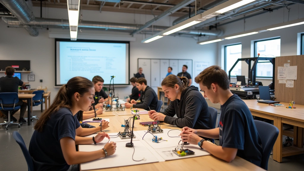 Innovation hub maker space featuring 3D printers, laser cutters, prototyping equipment, and workbenches with students engaged in hands-on technical projects