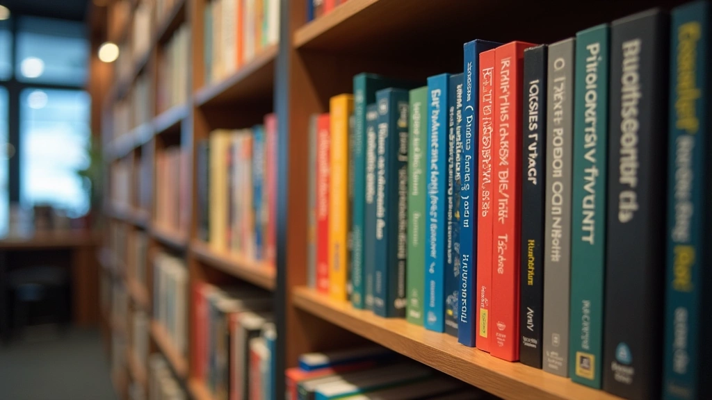 Modern bookstore shelf displaying colorful programming and technology books with visible spines showing titles about Python, JavaScript, and software design patterns, warm lighting, professional environment