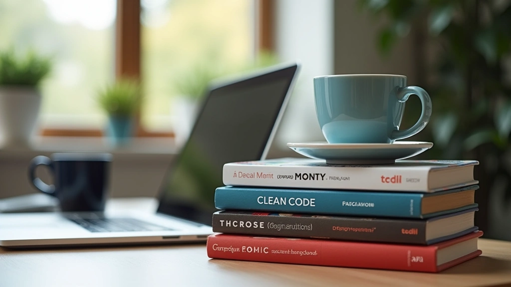 Close-up of tech books stacked on desk including classics like Clean Code and Design Patterns, alongside modern laptop and coffee cup, natural daylight, focused depth of field