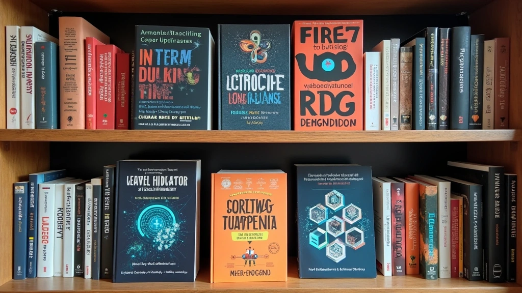 Diverse collection of technology books arranged on wooden bookshelf including titles on AI, web development, cybersecurity, and leadership, organized by category, bookstore setting