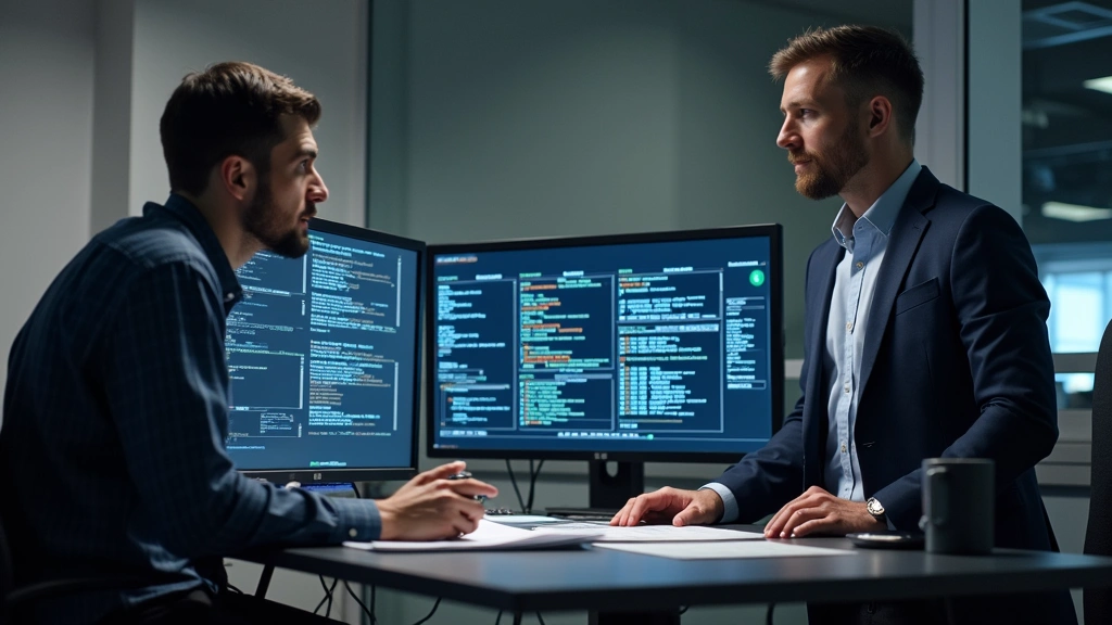 Professional mentorship scene with experienced instructor discussing network diagram with engaged student at standing desk, dual monitors showing code and systems, realistic workplace environment