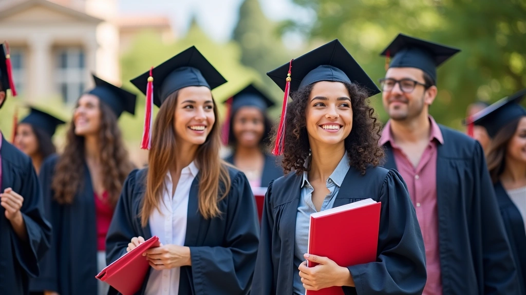 Graduation celebration with diverse technology graduates in professional attire holding certificates, Athens campus building in background, sunny day, genuine happiness and achievement