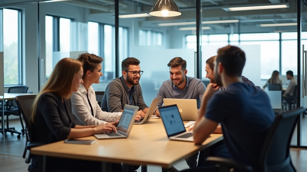 Diverse group of tech professionals collaborating in contemporary open office space with glass walls, laptops and whiteboards, casual meeting atmosphere