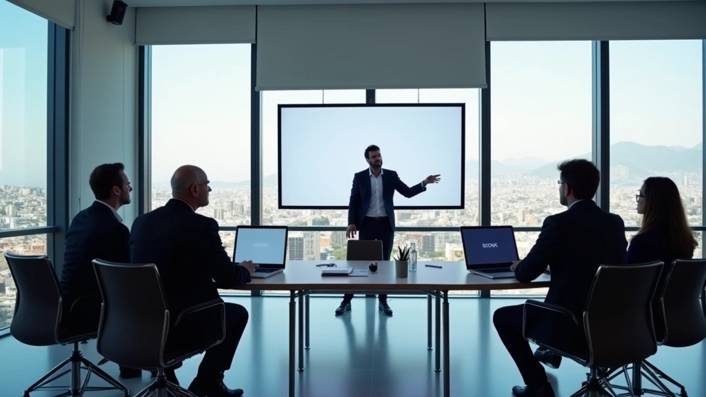 Tech startup founder presenting to team in minimalist conference room with wall-mounted screens, Athens cityscape visible through windows, modern furniture and tech equipment